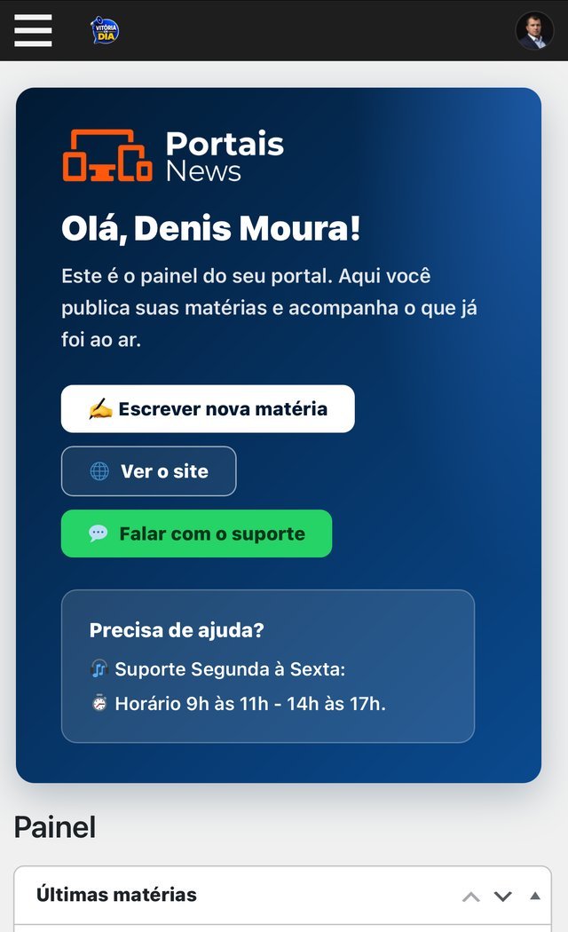 Painel do portal no celular, com os botões para escrever matéria, ver o site e falar com o suporte